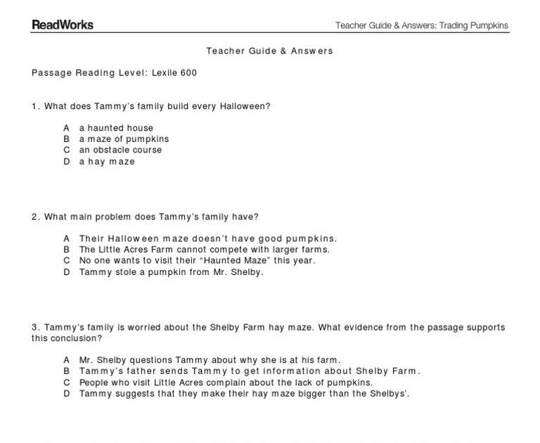 Answer Key For Readworks